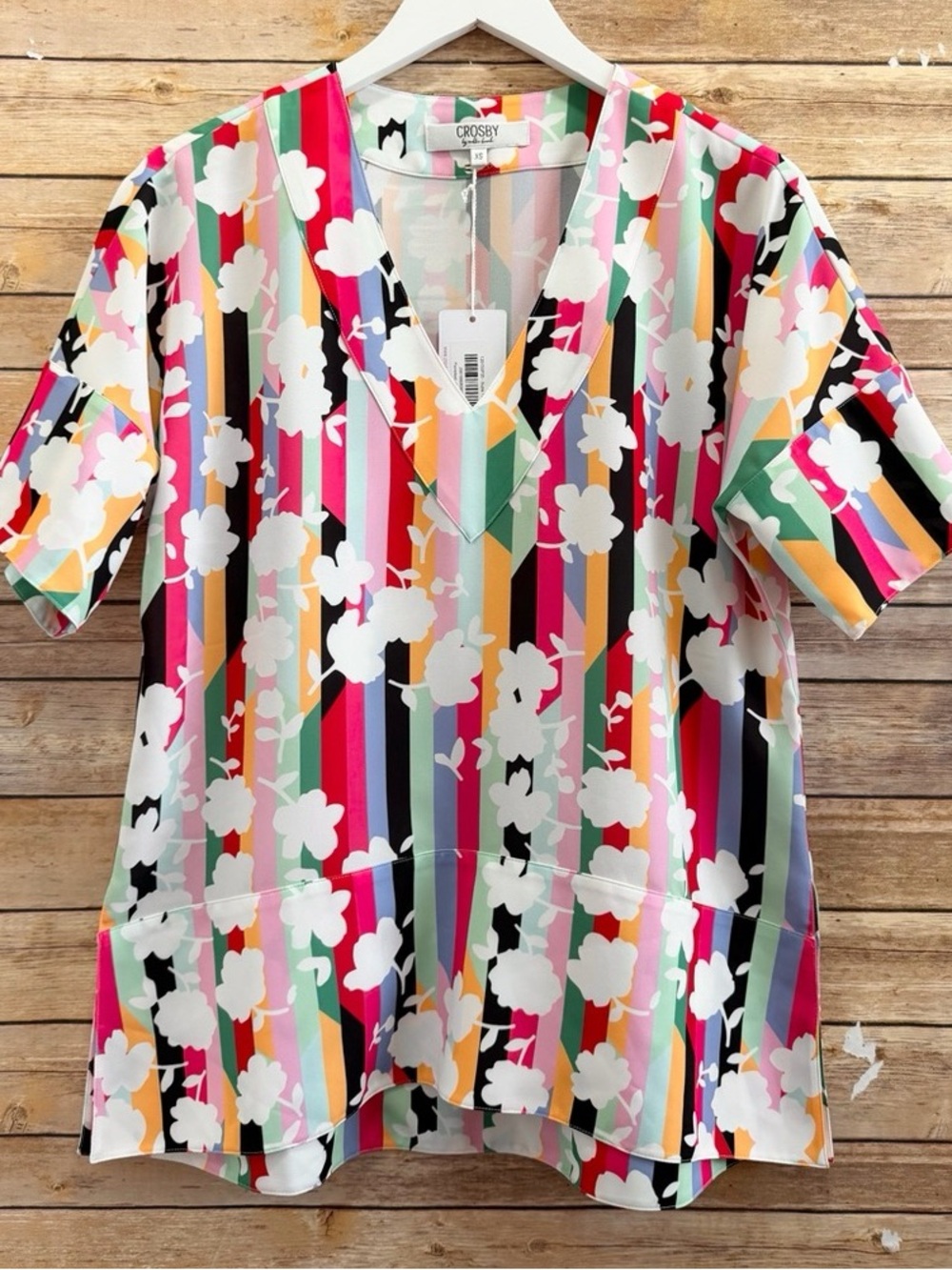 crosby. Multicolor Vertical Stripe & White Floral V-Neck Tunic